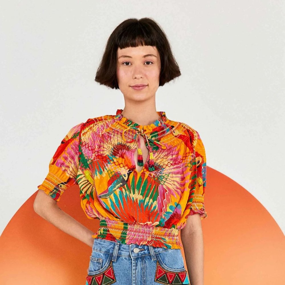 NWOT Farm Rio | Orange Colorful Toucans Embroidered Blouse - Picture 3 of 5